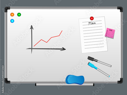 White office board with graphics, stickers and magnets. Markers and sponge for white magnetic boards. Markers on magnets. White board for school or presentations. White board.	