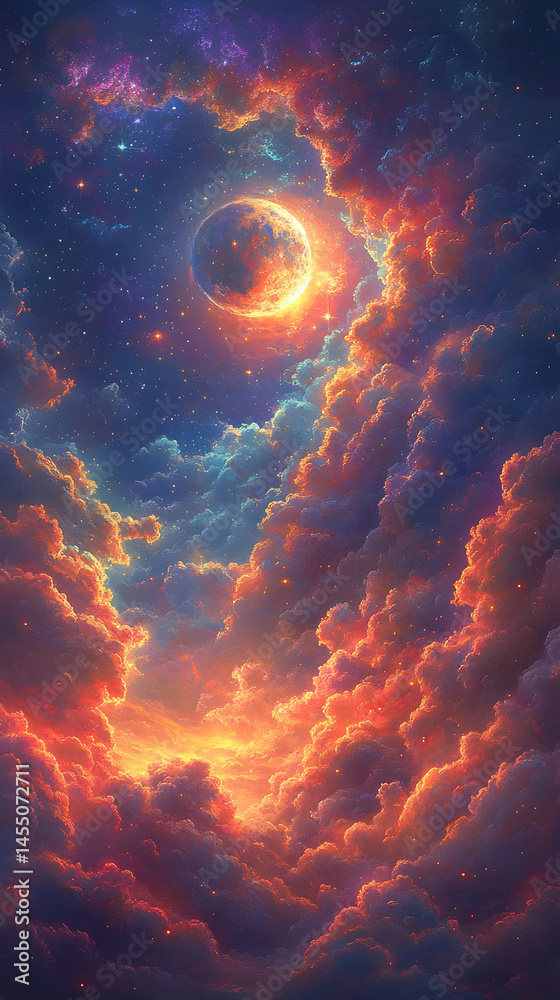 Crimson cloudscape with a crescent moon partially eclipsed, fiery hues paint the sky, stars glimmering Crimson cloudscape with a crescent moon partially eclipsed, fiery hues paint the sky, stars glimmering