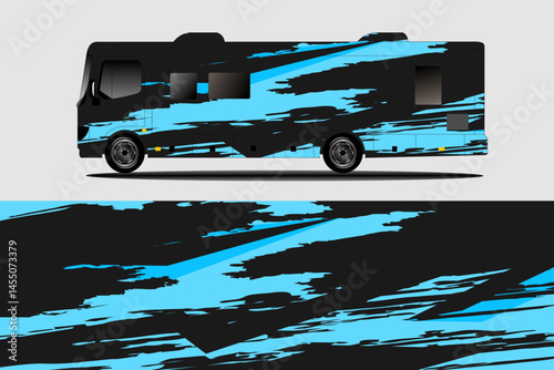 Stylish black and blue RV design with dynamic patterns
