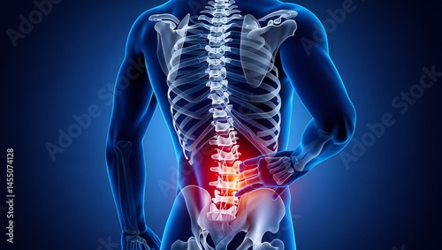 Illustration of a human skeletal system showing highlighted lower back area, symbolizing discomfort or injury. The image focuses on medical and health concepts, relating to spine issues and pain