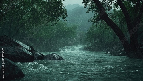 A rushing river flows through a misty, rain-swept forest.  Dark rocks flank the water's edge.  Heavy rain falls