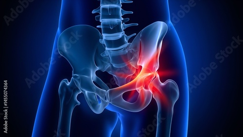 Medical illustration of a human hip joint with a red accent highlighting inflammation, depicting pain, which could represent arthritis or injury. Designed as an informative resource for health study
