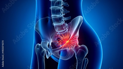 Medical illustration of a human hip joint with a red accent highlighting inflammation, depicting pain, which could represent arthritis or injury. Designed as an informative resource for health study