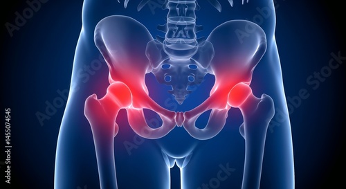 A human pelvis and hip area is highlighted with red glowing spots, representing pain or inflammation in the hip joints