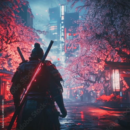 Nighttime samurai in futuristic Asian city,  under glowing cherry blossoms.  Backlit figure,  lit by neon, red glow.  Wet stone pathway,  city buildings in the background