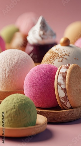   A wooden plate holds various doughnut types atop a pink table, beside a doughnut bowl