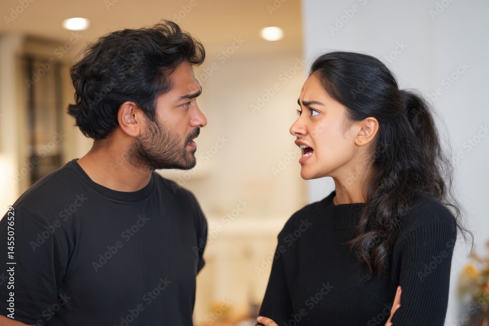 A couple engaged in a heated argument at home. A couple engaged in a heated argument at home.