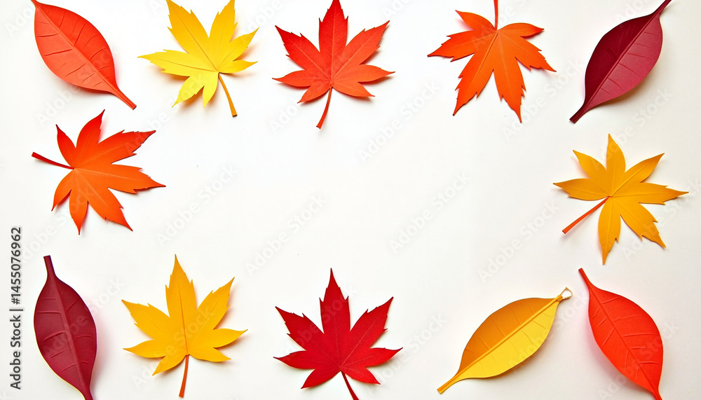 Colorful autumn leaves arranged in a circular frame on white, Autumn Leaves Frame, Thanksgiving