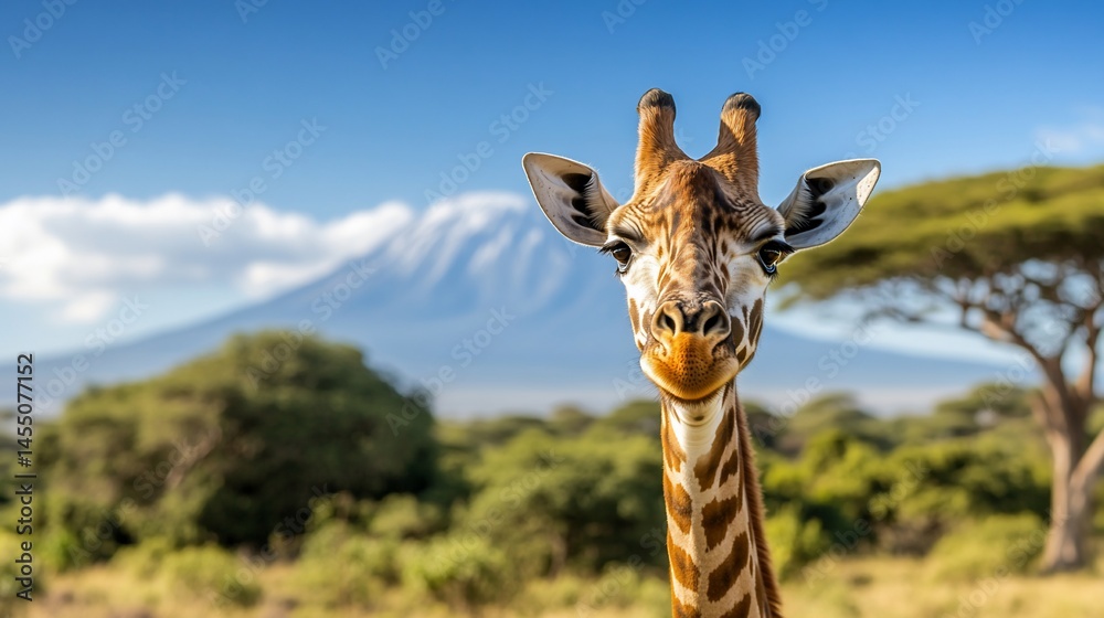 Naklejka premium Close-up of a giraffe, smiling, in a savanna setting