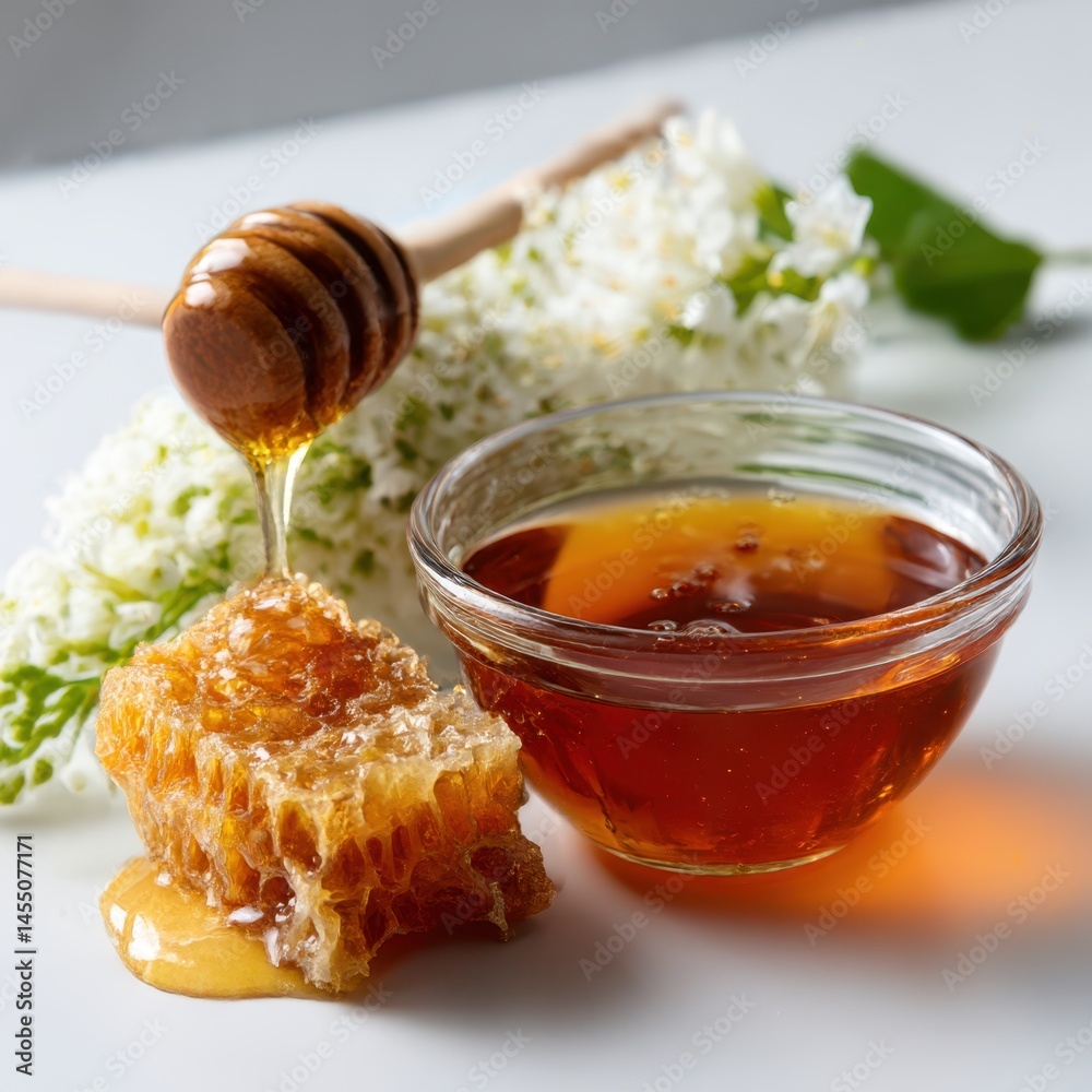 Honey dripping from dipper onto honeycomb isolated on white background Honey dripping from dipper onto honeycomb isolated on white background