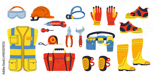 Builders equipment and clothing, vest, headlamp, knee pads and gloves belt, toolbox knife boots shoes, helmet protective glasses pliers wrench. Building tools construction equipment service vector set