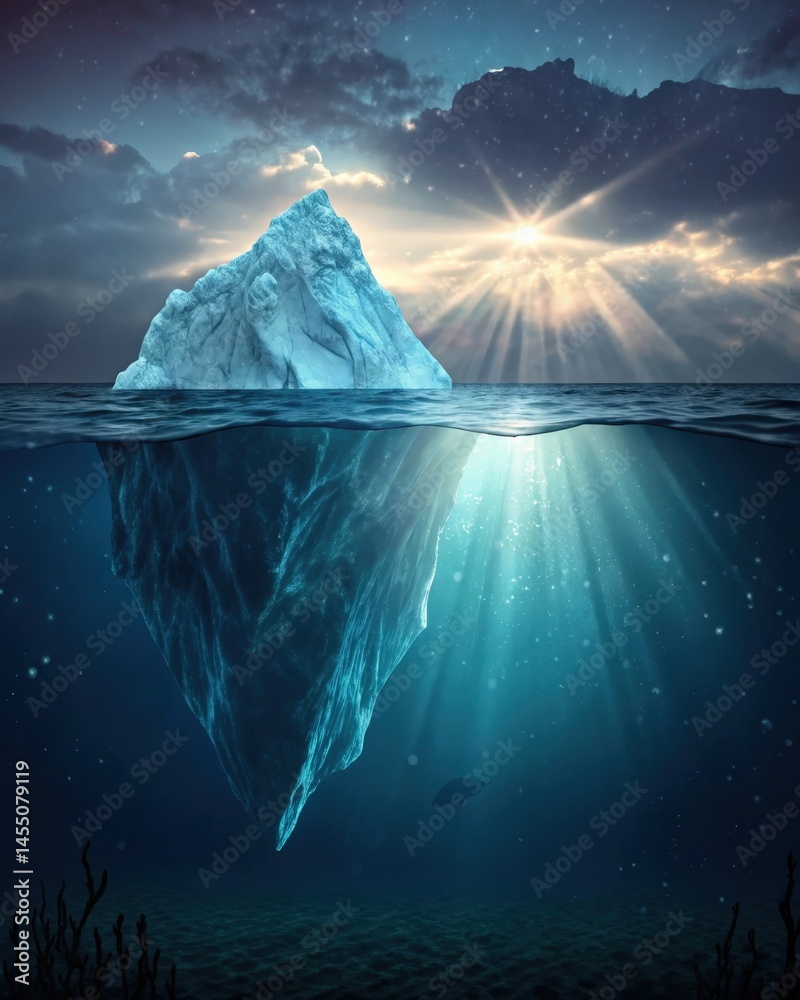 A light shining from above the surface of the water illuminating the tip of the iceberg while shadows loom beneath depicting the influence of conscious awareness on deeper