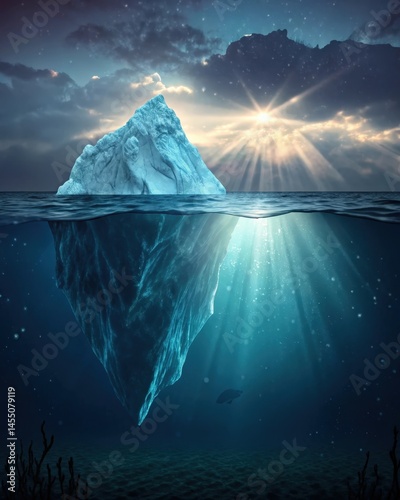 Obraz na płótnie A light shining from above the surface of the water illuminating the tip of the iceberg while shadows loom beneath depicting the influence of conscious awareness on deeper w salonie