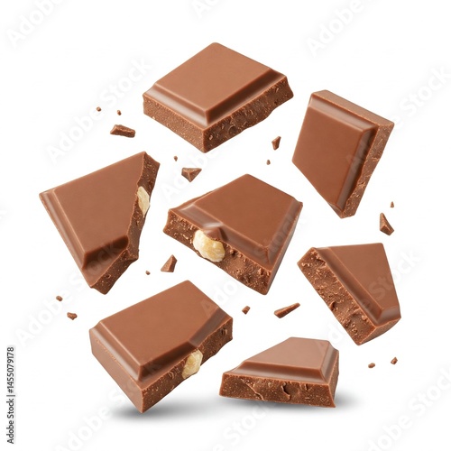 Floating broken chocolate bars isolated on white 