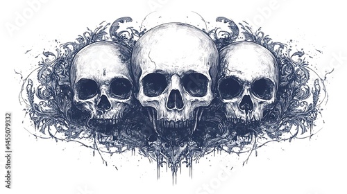 White Gothic T-Shirt with Decorative Skulls and Filigree Motifs