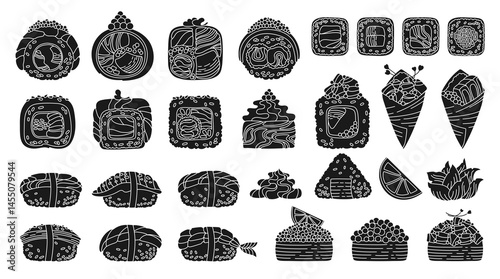 Sushi cartoon engraving set. Traditional Asian Japanese food black set. Different Sushi seafood Philadelphia, roll California nigiri sashimi flat linear vector for oriental menu cafe bar restaurant