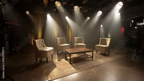 Empty stage setup with chairs and table under spotlights for a talk show style presentation