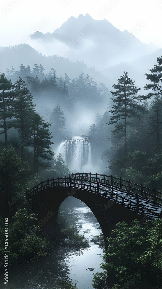 Obraz premium Misty mountain scene with arched bridge over cascading waterfall and tranquil stream