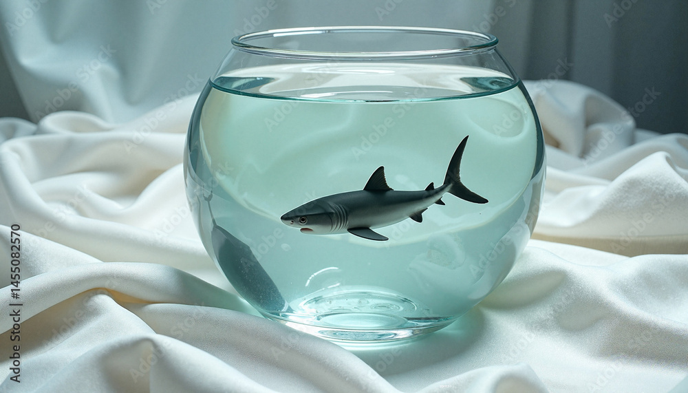 Shark swimming in glass fishbowl on silky white fabric, Fish in bowl, National Pet Day