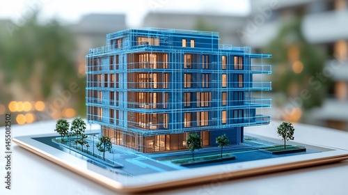 Digital architectural model of a multi-story residential building displayed on a tablet