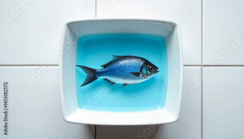 Obraz na płótnie Fresh fish swimming in turquoise water in a white bowl, Fish in bowl, National Pet Day w salonie