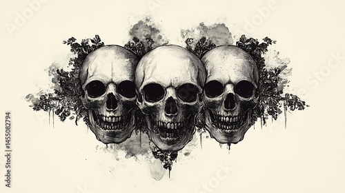 T-shirt design with ornate gothic skulls and a transparent backdrop