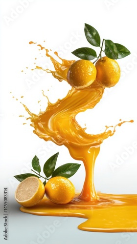 Fresh mandarins splashing in juice with green leaves on a white background for commercial use