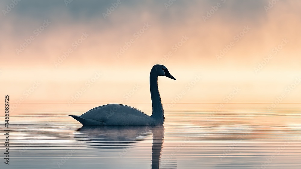 Fototapeta premium Swan swimming in water with sunset background and cloudy sky