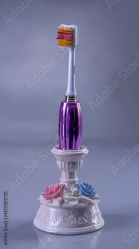 Electric toothbrush on a decorative stand with sculpted flowers and metallic purple handle, product shot for dental hygiene