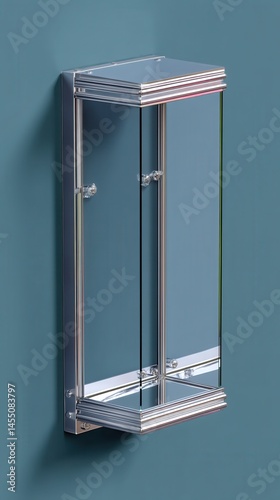 Modern metal and glass wall mounted cabinet on turquoise wall with crystal knobs, clean design and geometric details