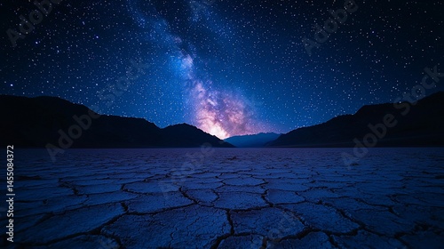 Vast, cracked desert floor under a vibrant night sky with a prominent Milky Way