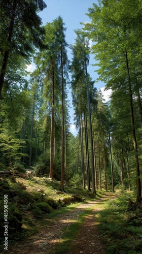 Hiking trail through a lush green forest with tall trees reaching up to a clear blue sky, bathed in soft sunlight
