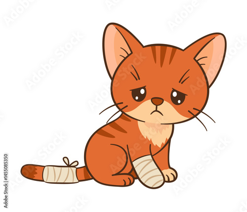 Sad cartoon kitten sits with bandaged paw and tail. Cute ginger tabby with sore paw. Chibi Flat style clean, simple design. Perfect for children’s content, greeting card, sticker, tshirts, mug, poster