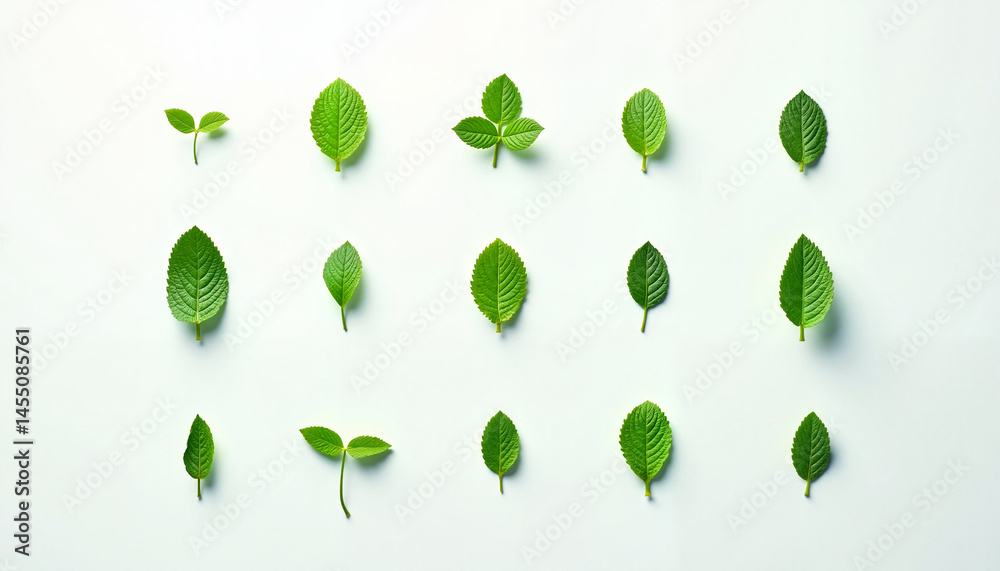 Green Leaves Variety Displayed on White Background, Mint leaves collection, Herbal tea picking