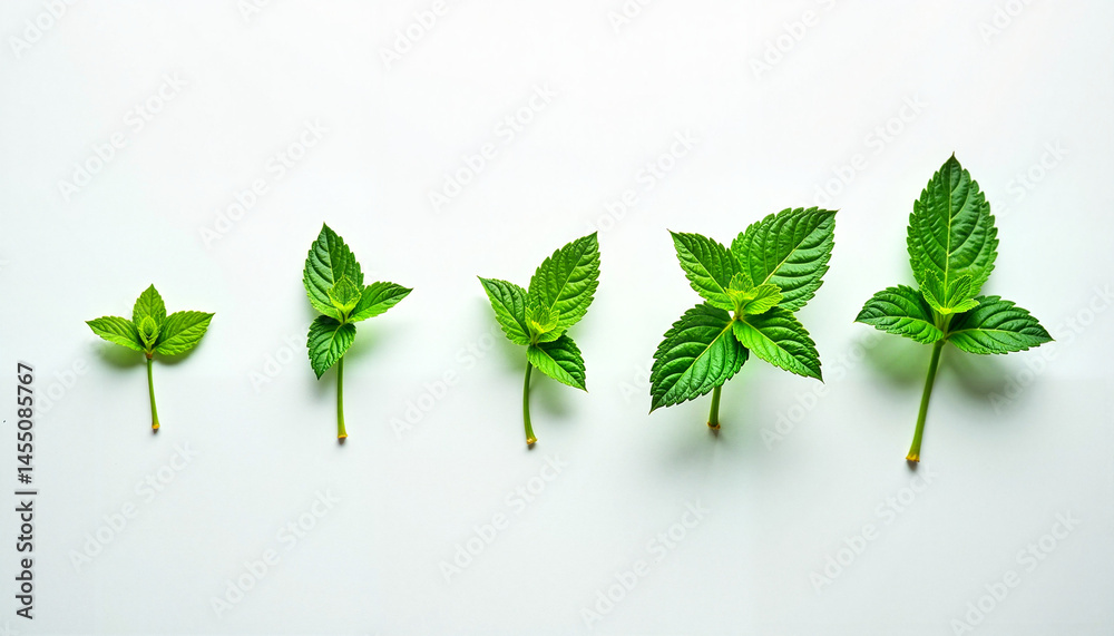 Fresh green leaves displaying growth stages on a white background, Mint leaves collection, Herbal tea picking