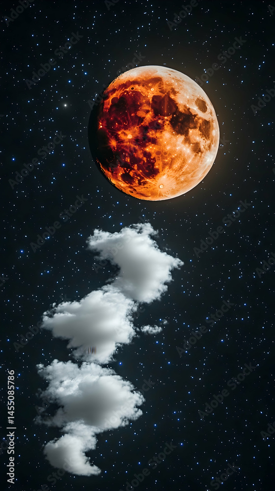 Fototapeta premium Fiery red celestial body hangs above a whimsical cloud formation resembling a landmass against a star-studded backdrop