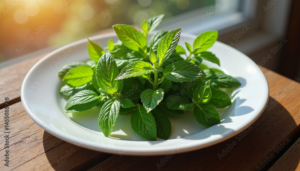 Fresh mint leaves on a plate by a sunny window, Mint leaves collection, Herbal tea picking