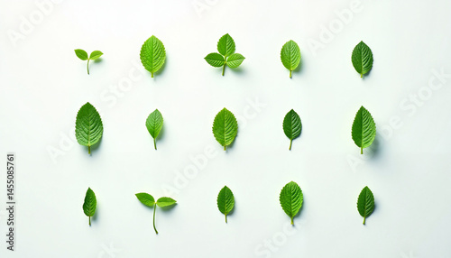 Obraz na płótnie Green Leaves Variety Displayed on White Background, Mint leaves collection, Herbal tea picking w salonie
