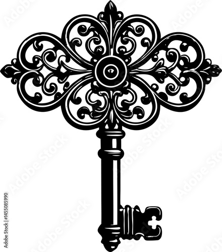 A black and white illustration showcases an ornate key with intricate scrollwork and a decorative bow. The design suggests a vintage or antique style.