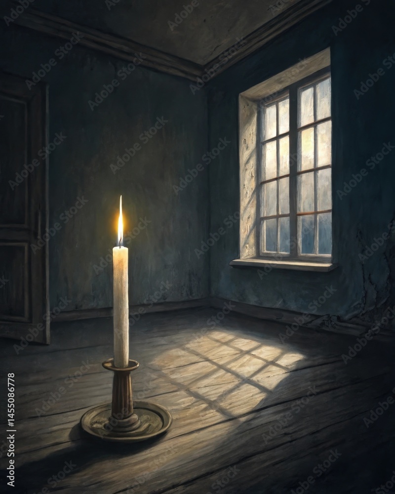 A solitary candle flickering in a dark room representing the fragility of hope and resilience when faced with prolonged isolation.