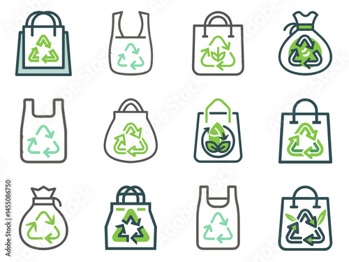 Reusable, Recycle Bag Icons for Sustainable Shopping Campaigns, Zero Waste Blogs, Eco-Friendly Store Materials, Environmental Awareness and Plastic Reduction Initiatives