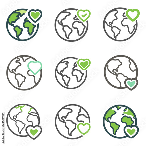 Earth with Heart Icon Set for Environmental Conservation Campaigns - Vector Graphics for Climate Change Awareness, Earth Day Educational Materials, and Charity Organization Websites