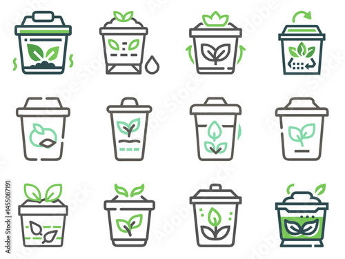 Compost Bin Icon Collection for Zero Waste Blogs and Recycling Education - Vector Graphics for Sustainable Living Websites, Environmental Awareness Campaigns and Waste Management Materials