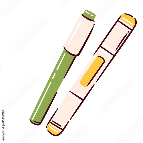 Cartoon doodle green marker and pen tool for creative drawing or highlighting. Vector illustration art tool doodle green marker for artists and students.
