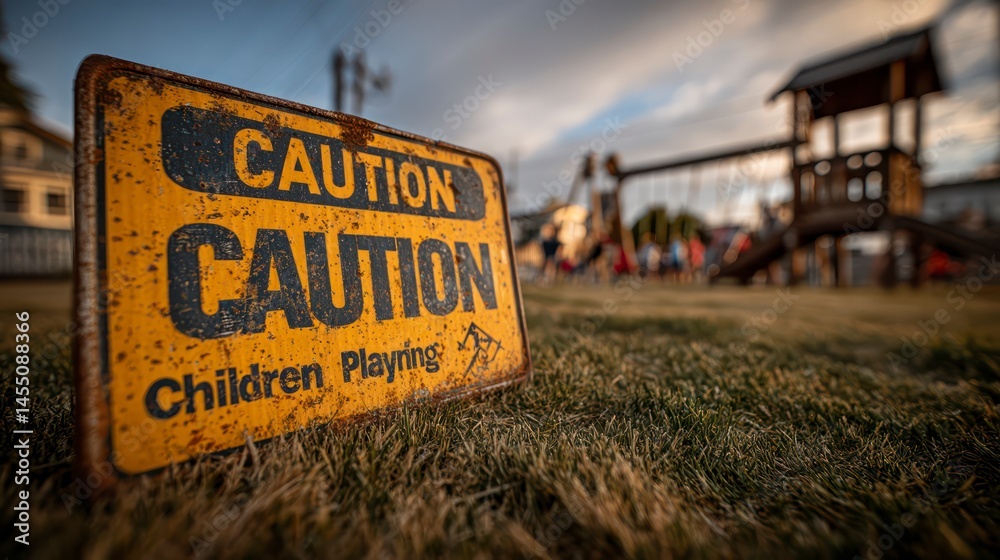 Fototapeta premium Caution Sign in a Playful Setting Children Playing Safety Notice Outdoor Recreation Area