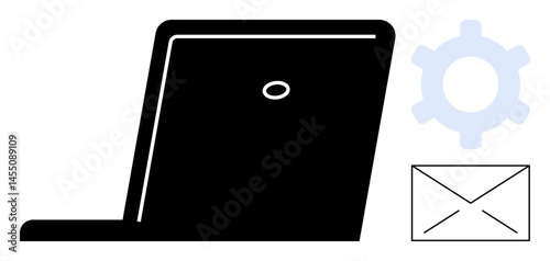 Open laptop with gear and email envelope icons, symbolizing digital tools, settings, communication. Ideal for technology, business, productivity, collaboration, software IT solutions flat simple