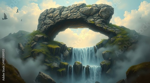 Stone Arch Waterfall: A majestic stone arch frames a cascading waterfall, creating a breathtaking scene of natural beauty and tranquility.  Birds fly overhead.