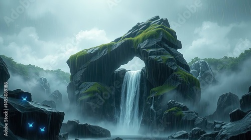 Mystical Stone Arch Waterfall: A breathtaking scene unfolds as water cascades gracefully through a natural stone arch, forming a stunning waterfall, serene nature.