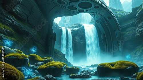 Mystical Waterfall: An ethereal waterfall cascades down a rocky cliff, emerging from an otherworldly cave adorned with an ancient, futuristic structure.