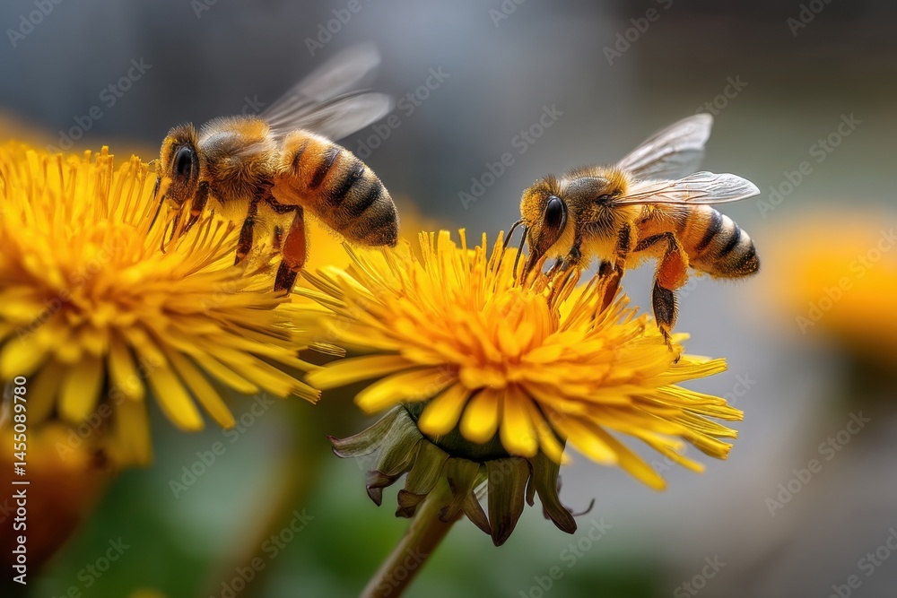 Two honeybees collecting nectar from a vibrant yellow dandelion flower in a natural outdoor setting, showcasing pollination Two honeybees collecting nectar from a vibrant yellow dandelion flower in a natural outdoor setting, showcasing pollination